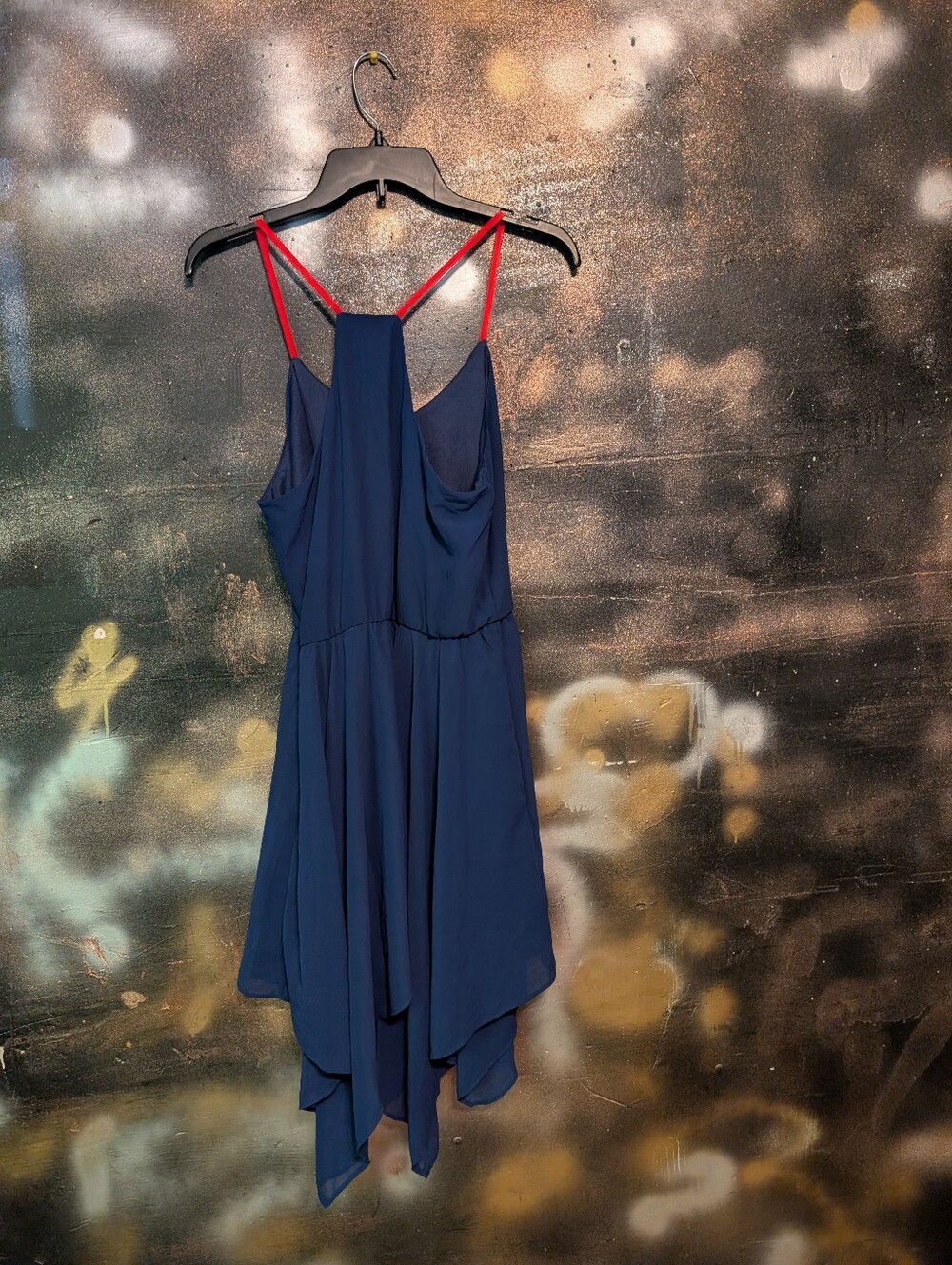 My Michelle Navy Dress with Straps, Asymmetrical Hem - Picture 4 of 4